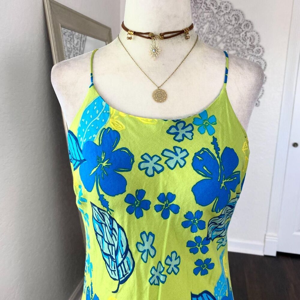 Early 2000's Y2K Lime Green Blue Hawaii Flower Mini Dress S - Picture 3 of 7
